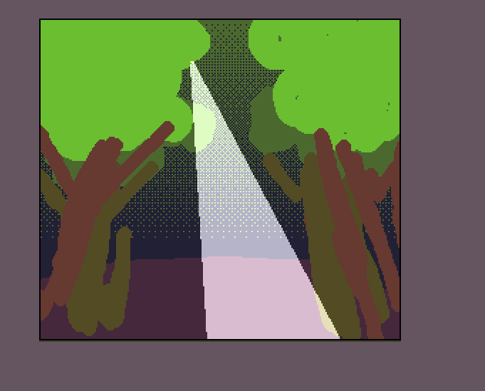 a bad sketch i made on Aseprite
its a crudely drawn forest with an extra layer showing a triangle (representing a light source), being nicely shaded (since its an Addition layer)