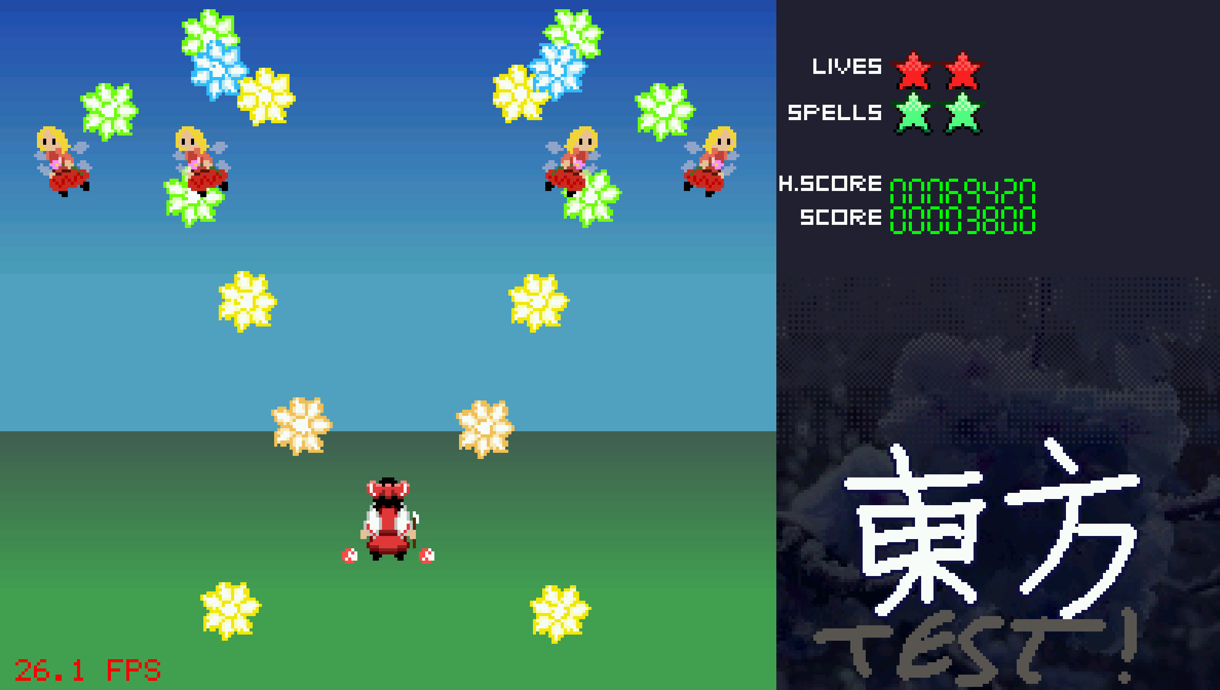 a screenshot (taken over USB) of my on-calculator bullet hell engine rendering a couple of enemies throwing "flowers" to the ground. each flower is basically just a bunch of small petal bullets (and a center) 'anchored' to each other