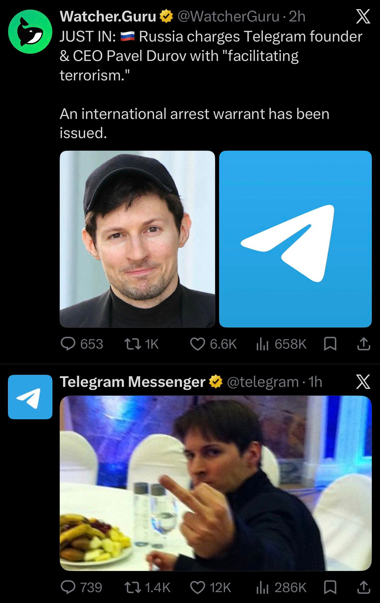 twitter post 1: russia charged pavel durov with "facilitating terrorism"
twitter post 2: picture of pavel durov showing the middle finger (coming from the official telegram twitter account)